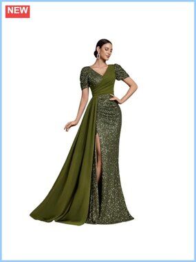 V-Neck Sequin Formal Maxi Dress Short Sleeve Mermaid Evening Gown